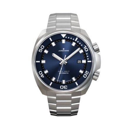 Junghans 1972 Aquaris Blue Automatik Taucheruhr, blaues Sonnenschliff-Zifferblatt, Edelstahlband, Innendrehring