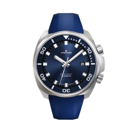 Junghans 1972 Aquaris Blue Automatik Taucheruhr, blaues Sonnenschliff-Zifferblatt, Edelstahlband, Innendrehring