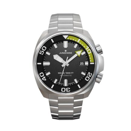 Junghans 1972 Aquaris Diver Automatik Taucheruhr, dunkelgraues Zifferblatt, Edelstahlband, Fischschwarm-Schraubboden