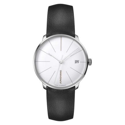 Junghans Meister fein Kleine Automatic Damenuhr, weißes Zifferblatt, Stabzeiger, Lederband dunkelbraun