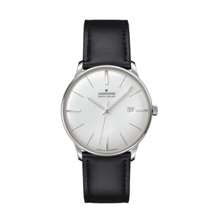 Junghans Meister MEGA Solar Funk-Solaruhr Herrenuhr, weißes Zifferblatt, Edelstahlgehäuse, Lederband
