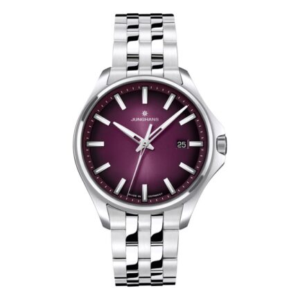 Junghans Meister S Quarz 35 Damenuhr, violettes Zifferblatt, skelettierte Zeiger, Edelstahlband