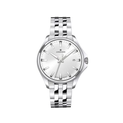 Junghans Meister S Quarz 35 Damenuhr, silbernes Sonnenschliff-Zifferblatt, skelettierte Zeiger, Edelstahlband