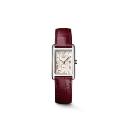Longines DolceVita Damenuhr, rechteckiges Gehäuse, römische Ziffern, Alligatorlederband ahornrot, Frontalansicht