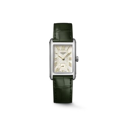 Longines DolceVita Damenuhr, rechteckiges Gehäuse, römische Ziffern, Alligatorlederband olivgrün, Frontalansicht
