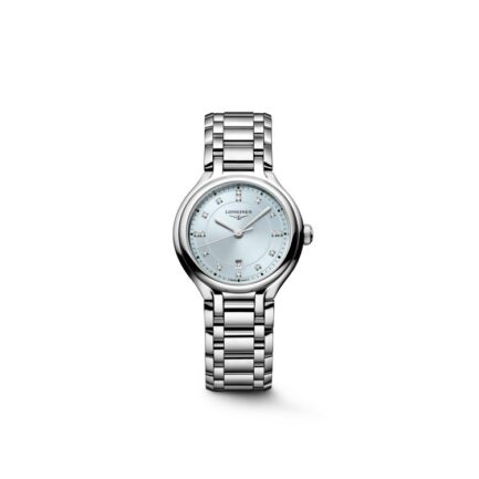 Longines PrimaLuna Quarz Damenuhr, mintfarbenes Sonnenschliff-Zifferblatt mit Diamanten, Edelstahlband Frontalansicht