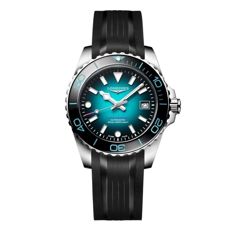 Longines-Hydroconquest-Commonwealth-Games-L3.779.4.09.9 Longines HydroConquest Commonwealth Games Herrenuhr, blau-grüner Farbverlauf, Keramiklünette, Kautschukband